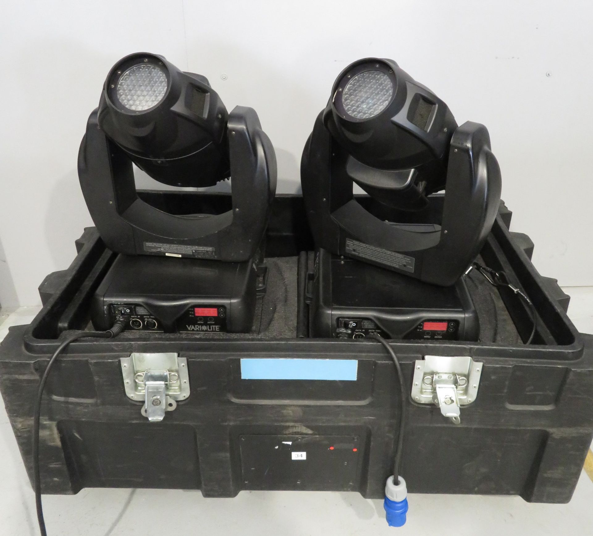 Pair of Varilite VL2402 Wash in flightcase. Includes hanging clamps and safety bonds. Work