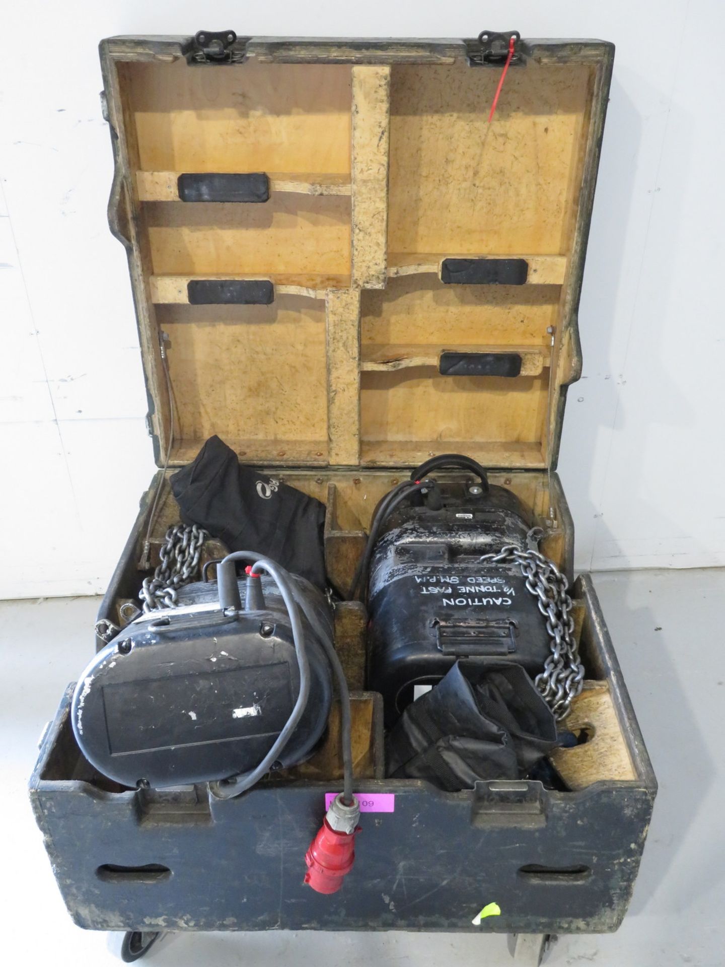 Pair of CM 1/2 Tonne Double Speed motorised lifting hoist with 15m chain with flightcase.