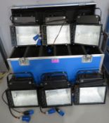 6x HQI 400w Floodlights in flight case. Includes safety bonds. Working condition.