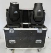 Pair of Showtec Phantom 300 Beams in flightcase (missing wheel). Includes hanging clamps.