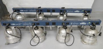 2x Showtec Bulgin-Bar. Including 8 silver Par 56 short nose Cans. Untested,