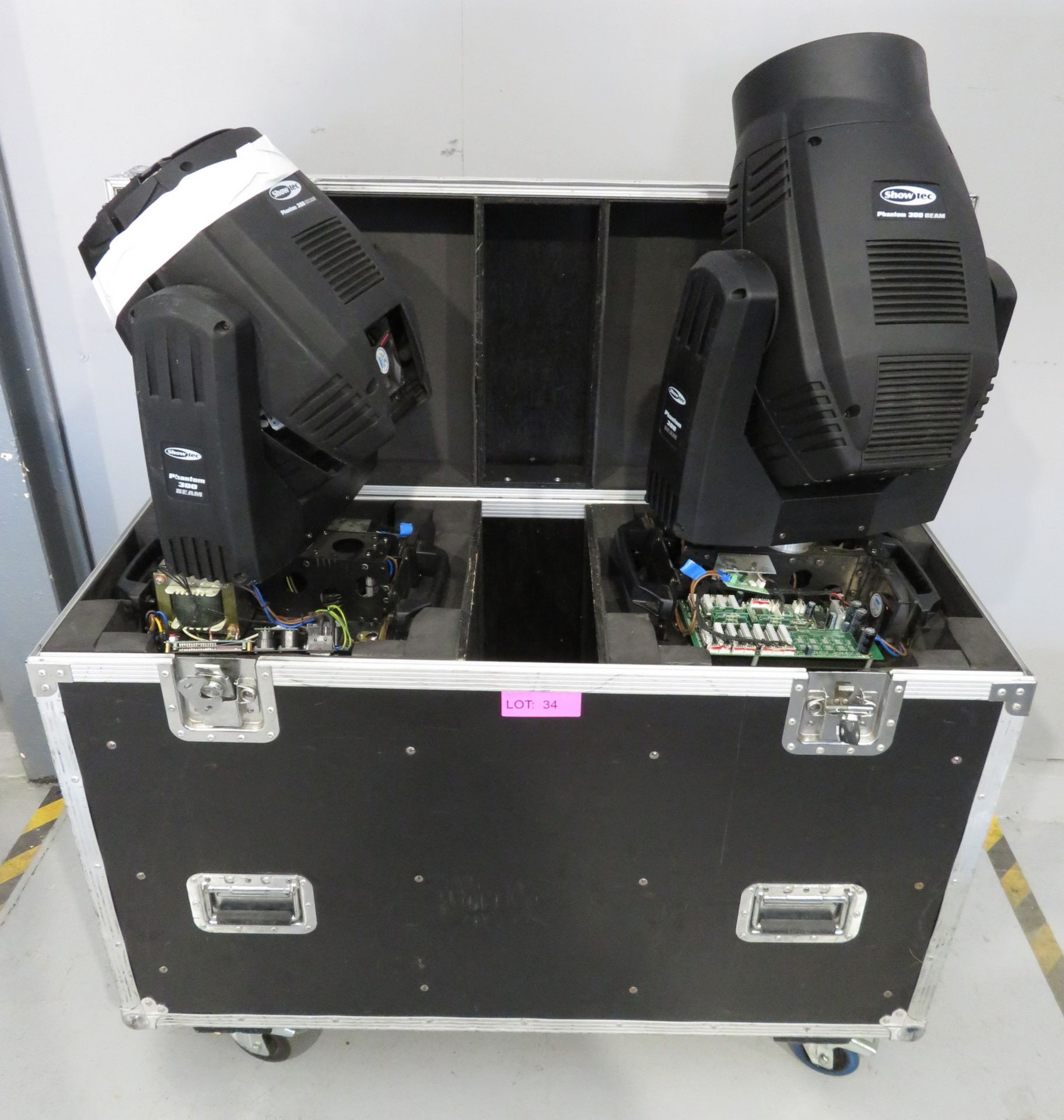 Pair of Showtec Phantom 300 Beams in flightcase. Includes hanging clamps. As spares. Hours