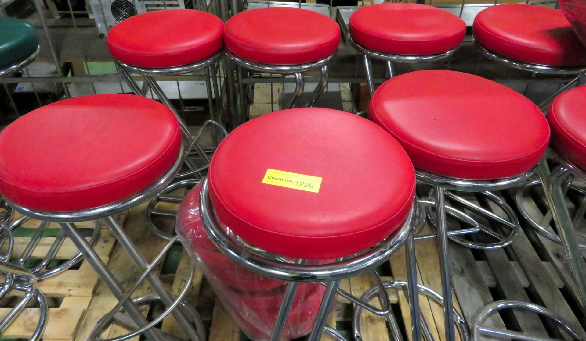 6x Red Zeus Stools with 6 Spare Tops.