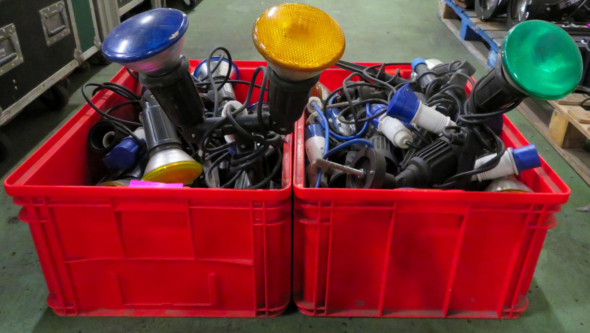 Red Crate Containing Eterna PAR38 Garden Lights on Garden Spike Stands.