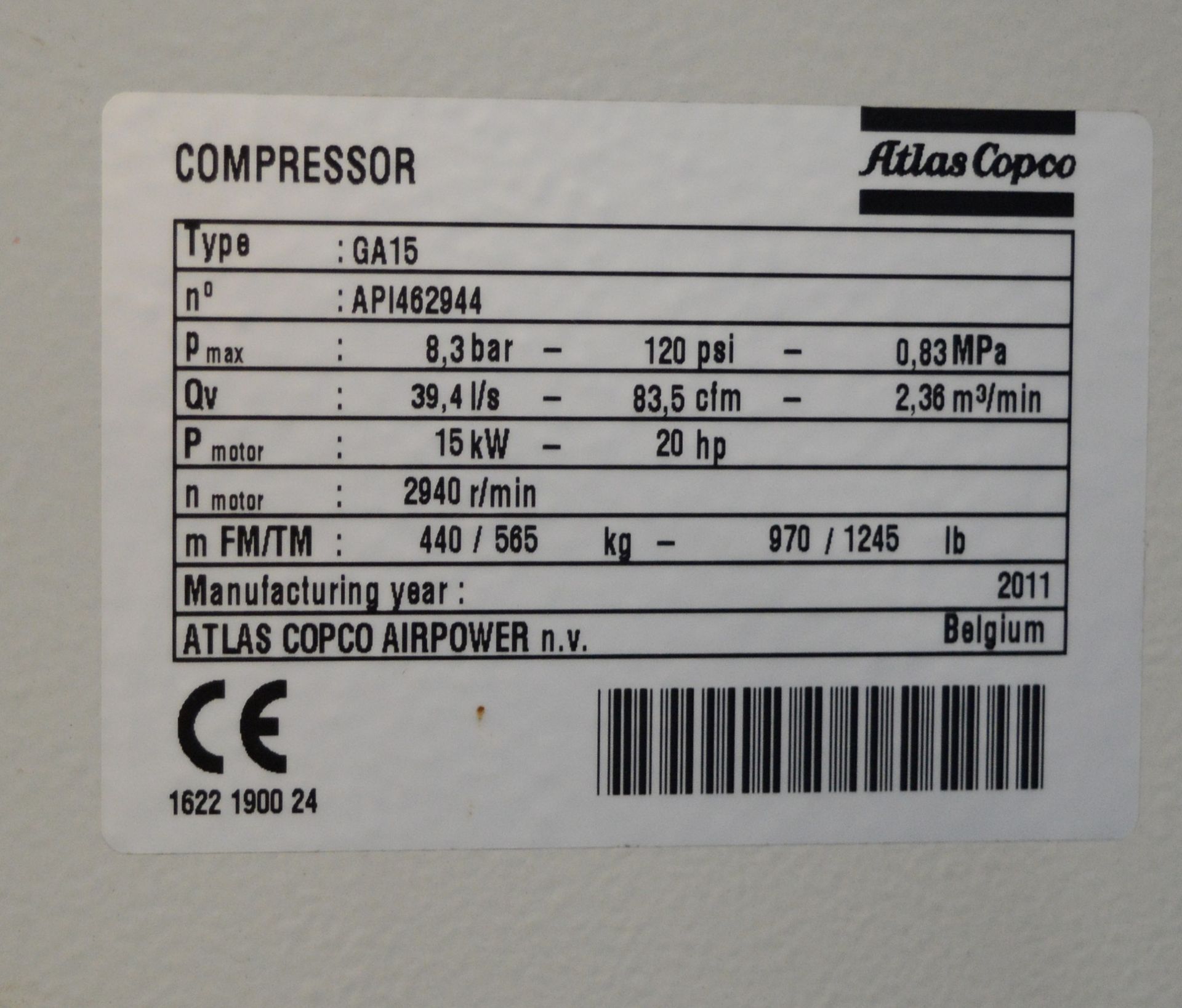 Atlas Copco GA15ff Industrial Air Compressor 15kw 20Hp - Image 3 of 5