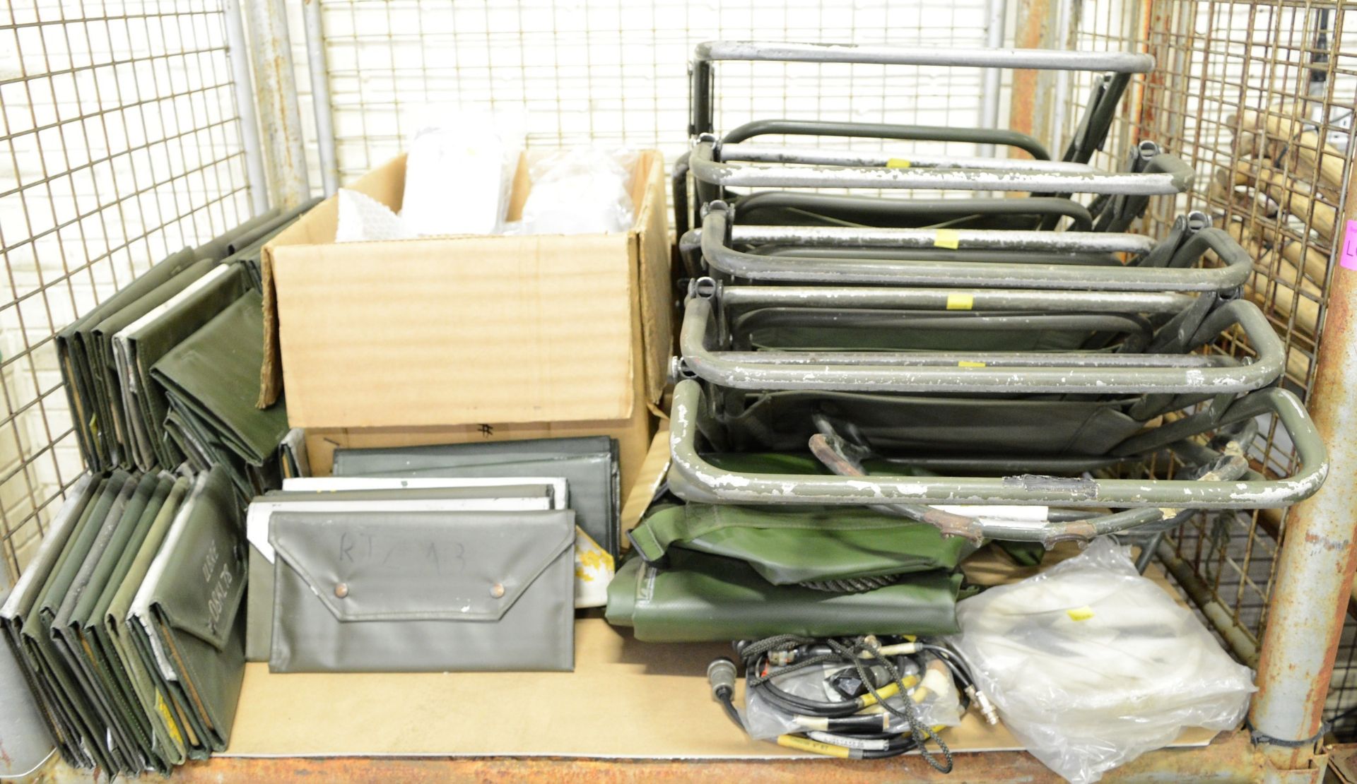 Army Surplus - Signs, Signal Cable, Green Folding Chair, Document Holder Vehicle, Pan Mess