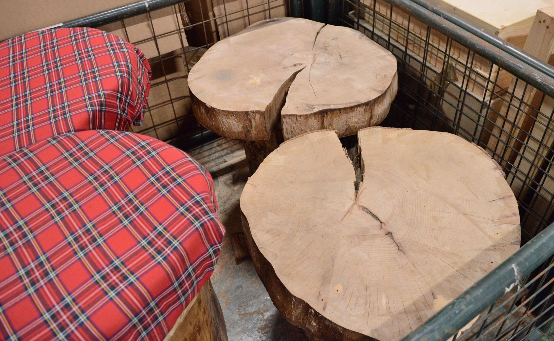 6x Tree Stump Stools with Tartan Covered Cushions & 2x Tree Stump Tables - Image 3 of 3