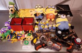 Assorted toys including matchbox cars, Minions, Light Strike 'lazer' guns, Matt Hatter fig