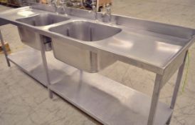 Stainless Steel Double Sink & Counter Table with Single Taps- L2400 x W660 x H900mm