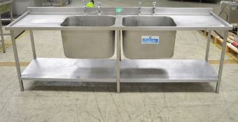 Stainless Steel Double Deep Sink Unit with Single Taps - L2400 x W650 x H900mm