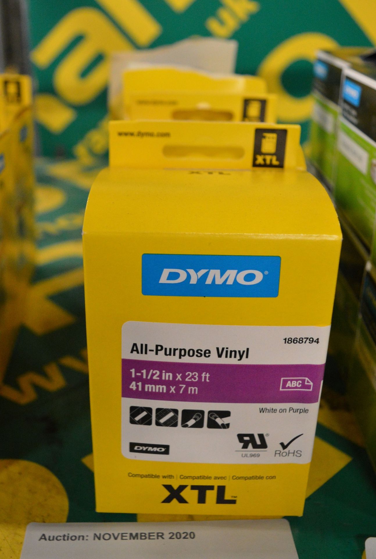 3x Dymo XTL All Purpose Vinyl - 1-1/2in x 23ft - 41mm x 7m White on Purple Printer Tape