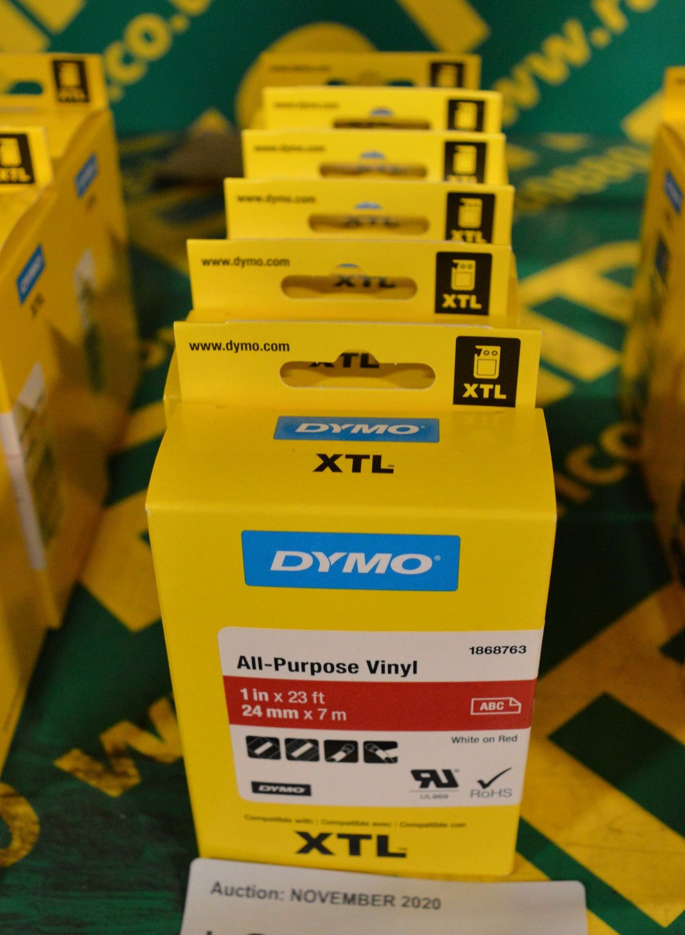 6x Dymo XTL All Purpose Vinyl 1in x 23ft - 24mm x 7m White on Red Printer Tape