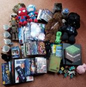 Assorted toys, books, DVDs, including Star Wars; Dr Who; Marvel; Minecraft