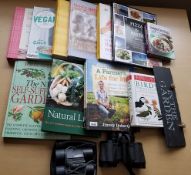 Books non-fiction on food, cooking, gardening, nature plus 2x binoculars