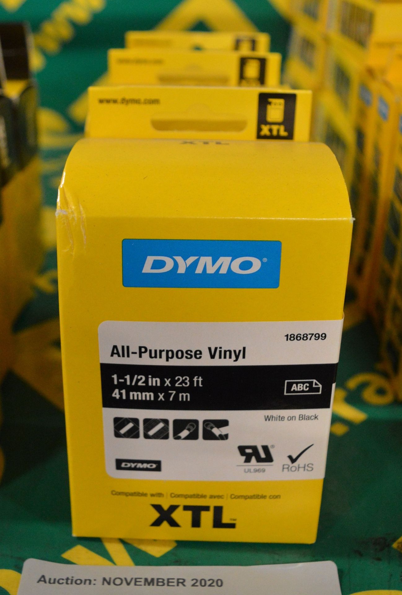 3x Dymo XTL All Purpose Vinyl - 1-1/2in x 23ft - 41mm x 7m White on Black Printer Tape