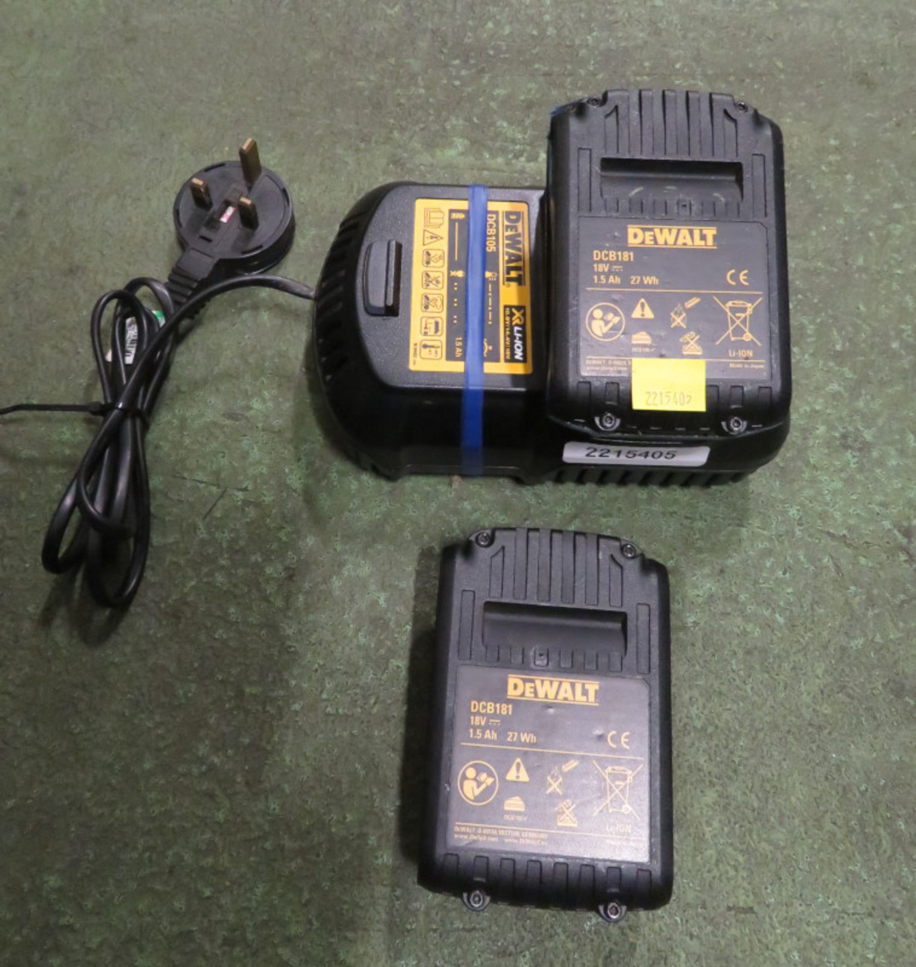 Dewalt DCB105 battery charger and 2 DCB181 batteries