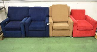 4x Fabric Armchairs - 2x Blue, 1x Biege, 1x Red