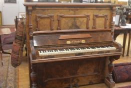 A 19th century burr walnut upright grand piano, F. Sichel of Leipzig, the case decorated with