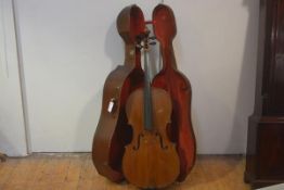 A cello with two-piece back, painted purfling and ebony finger board (losses), in a fitted hard