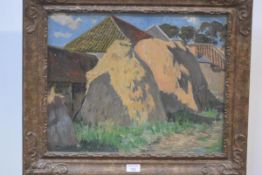 Attributed to John Guthrie Spence Smith RSA (Scottish, 1880-1951) Haystacks, unsigned, oil on canvas