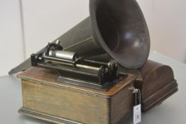 An Edison home phonograph, in an oak carrying case, the mechanism with maker's plate and serial