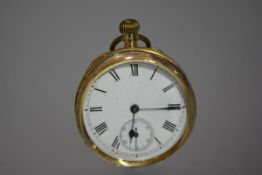 A 19th century lady's 18ct gold open face fob watch, the white enamel dial with Roman numerals and