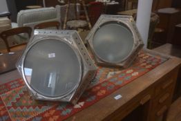 A pair of large white metal hexagonal tapered lanterns with circular glass bases, 67cm x 63cm