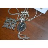 A moss agate necklace with white metal gold mount and chain, silver pendant by Ortak, together