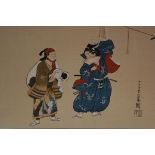 20thc woodblock print of a musician and a thespian, signature lower right, 20cm x 30cm