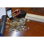 A mixed lot of white metal jewellery, coins, costume jewellery and watches (a lot)