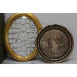 An oval gilt frame containing a collection of 18th century style plaster intaglios, together with