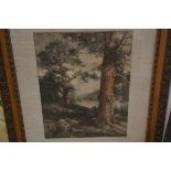 Early 20thc coloured engraving in ornately moulded oak frame, 110cm x 90cm
