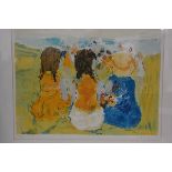 20thc School, Three Seated Children, coloured limited edition print, initials lower right, 43cm x