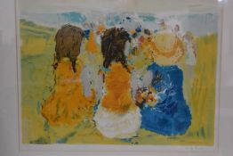 20thc School, Three Seated Children, coloured limited edition print, initials lower right, 43cm x