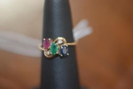 A five stone multi gem set ring with cross over setting, 14ct gold