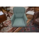 19th/20thc upholstered armchair on square tapered legs and brass castors