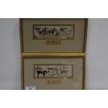 A pair of hunting Stevenographs, The Meet and The Death, framed, 15.5cm x 25cm