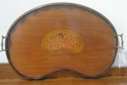 An Edwardian mahogany kidney shaped inlaid two handled tea tray (l. 58cm x 40cm), £20-40