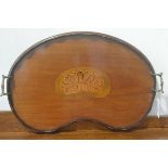 An Edwardian mahogany kidney shaped inlaid two handled tea tray (l. 58cm x 40cm), £20-40