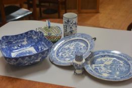 A Cauldonware octagonal shaped fruit bowl, a cylinder spill vase, a 19thc Staffordshire pepperette,