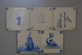 A 20thc collection of five Dutch Delftware tiles including: Boy Blowing Bubbles, Children Playing, D