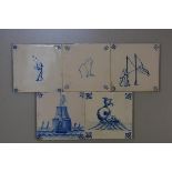 A 20thc collection of five Dutch Delftware tiles including: Boy Blowing Bubbles, Children Playing, D