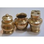 An Indian brass food container with carry handle to top, a baluster storage jar and container and a