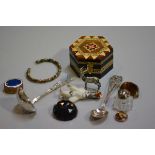 A Sorrento ware style octagonal box, a copper and brass enamel top pill box, a sugar sifter, a white