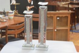 Two mirrored crystal and bead inset panelled candlesticks with glass tops (tallest h. 53cm), £20-40