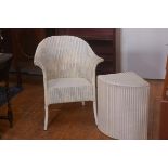 A Loyd Loom white painted 1930s basket chair with matching corner linen basket (h. 80cm x d.65cm) (2