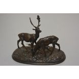 A 19thc cast bronze stag and hind figure group, raised on oval naturalistic base, unsigned (h. 18cm