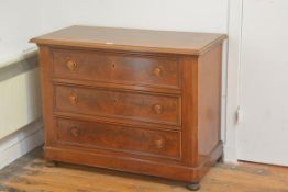 A neat 19thc Continental figured walnut chest, the rectangular top with moulded edge above three lon