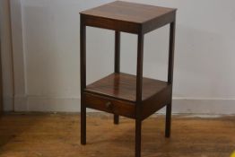 A 19thc bedside table, the square top with moulded edge above an open section, fitted single drawer,