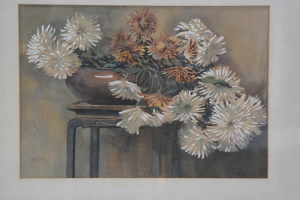 Jasgray, Chrysanthemums in Bronze Bowl on Chinese Stand, watercolour, signed (33cm x 48cm), £30-50